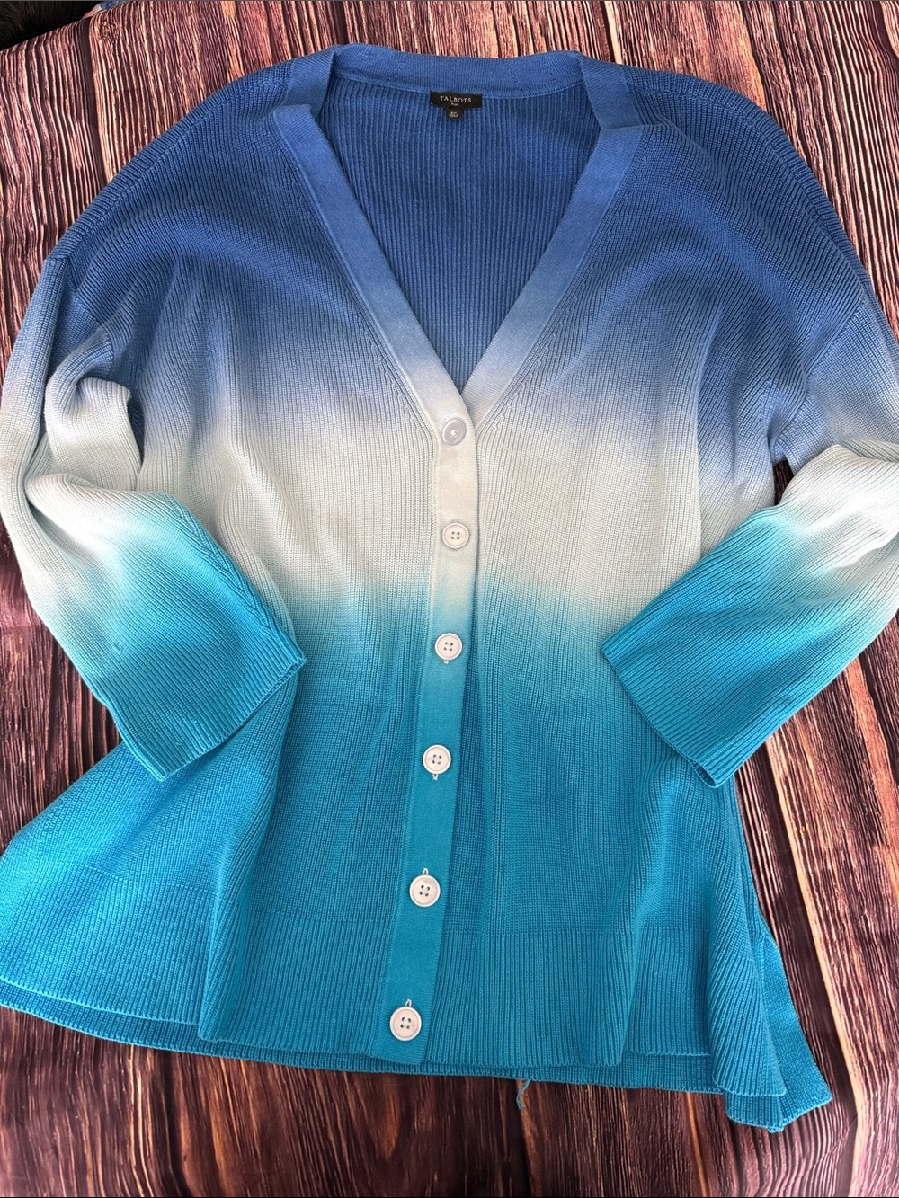Talbots Blue to Aqua Ombre V-Neck Button Front Cardigan